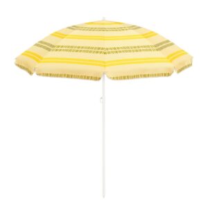 Stripe Strandparasol  H180 x Ø160 cm Geel CASA & VIVENTES Geniet van een zorgeloze zomerdag met deze Stripe strandparasol. De stijlvolle Stripe strandparasol is gestreept in geeltinten en biedt niet alleen schaduw, maar hij heeft ook een speels retro accent. De Stripe strandparasol is gemaakt van stevig polyester met een stalen stok. Dankzij het puntige uiteinde van de witte stang steek je hem eenvoudig in de grond, waardoor je geen parasolvoet nodig hebt, ideaal voor een dagje strand of picknicken in het park. Met een hoogte van 180 cm en een diameter van 160 cm biedt de Stripe strand parasol genoeg schaduw en dankzij de handige, bijpassende draagtas neem je de parasol gemakkelijk mee. Zijn de zonnige dagen voorbij? Dan zorgt de tas ook voor bescherming tijdens de wintermaanden, als parasolhoes. Kortom: een stijlvolle én praktische must-have! Breedte: 160cm Hoogte: 180cm Lengte: 160cm Diameter: 160cm Gewicht: 2020g Materialen: Polyester merk: Mica Decorations