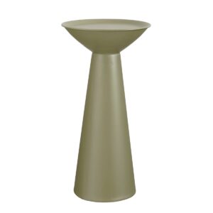 Chiel Bijzettafel H55 x Ø28 cm  FSC 100%  Metaal  Groen Geef je interieur een moderne uitstraling met de Chiel bijzettafel. Deze stijlvolle Chiel bijzettafel heeft een strak ontwerp en een subtiele groene kleur die perfect past in diverse woonstijlen. Het Chiel bijzettafeltje is gemaakt van stevig ijzer en FSC®-gecertificeerd materiaal, wat het extra robuust en eenvoudig schoon te maken maakt. Gebruik het als bijzettafel in de woonkamer, een opvallende plantentafel in de hal of zelfs als unieke koffietafel. Hij heeft een hoogte van 54,5 cm en een diameter van 28 cm. Casa & Viventes Breedte: 28cm Hoogte: 54.5cm Lengte: 28cm Diameter: 28cm Gewicht: 3570g kleuren: Groen Materialen: Ijzer merk: Mica Decorations