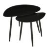 Bijzettafel Set van 2 L80 x B60 x H47 cm Metaal Zwart De bijzettafels  passen door het strakke, moderne design al snel in het interieur. Bijvoorbeeld als koffietafel naast een stoel, als plantentafel of als salontafel. De zwarte tafeltjes zijn gemaakt van metaal en hebben een druppelvormig tafelblad. Door de minimalistische uitstraling kan je ze met leuke decoraties helemaal naar wens stijlen. Verder kun je ruimte maken of besparen, want je schuift de kleine tafel makkelijk onder de grote! De set bestaat uit twee stuks met een afmeting van L80 x B60 x H47 cm en L60 x B40 x H42 cm. Casa & Viventes Breedte: 60cm Hoogte: 47cm Lengte: 80cm Gewicht: 7050g kleuren: Zwart, Zwart Materialen: Metaal, Metaal merk: Mica Decorations