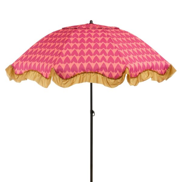 Heart Parasol  H238 x Ø220 cm  Roze Met de roze Heart parasol voeg je een vleugje vrolijkheid toe aan elke zomerse dag. Het opvallende design van de Heart Parasol  Roze met hartjesprint en speelse bruine ruches maken deze Heart parasol een echte blikvanger in de tuin of op het strand. Dankzij de meegeleverde hoes, die je ook als draagtas kunt gebruiken, is de Heart parasol beschermd als je hem niet gebruikt en neem je hem eenvoudig overal mee naartoe. De stevige parasolstok en het polyester materiaal zorgen voor stabiliteit en bescherming tegen de zon. De lente en zomer kom je goed door met deze parasol! De afmetingen zijn H238 x Ø220 cm. CASA & VIVENTES Breedte: 220cm Hoogte: 238cm Lengte: 220cm Diameter: 220cm Gewicht: 4680g Materialen: Polyester merk: Mica Decorations