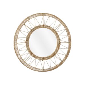 Ludy Wandspiegel - H5 x Ø60 cm - Jute - Lichtbruin Geef je interieur een bohemian touch met de Ludy wandspiegel. De ronde wandspiegel heeft een hoogte van 5 cm en een diameter van 60 cm en heeft een rand van lichtbruin jute, wat ervoor zorgt dat de wandspiegel een uniek design heeft. Monteer deze wandspiegel eenvoudig op een wand in de hal, woonkamer of slaapkamer en geef daardoor extra flair aan de ruimtes. Het is ook leuk om deze spiegel te combineren met andere spiegeltjes van Mica Decorations voor een speels effect! Casa & Viventes Breedte: 60cm Hoogte: 5cm Lengte: 60cm Diameter: 60cm Gewicht: 2800g kleuren: Bruin, Bruin Materialen: Jute, Jute merk: Mica Decorations
