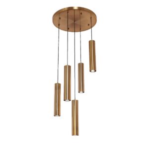 Hanglamp Cilinder 5 Gold Hanglamp Cilinder 5  Gold | Luxe Verlichting met Ronde Plafondplaat (Ø45 cm)De Hanglamp Cilinder 5 Gold is een stijlvolle toevoeging aan je interieur met een elegante gouden afwerking en een moderne uitstraling. De ronde plafondplaat van 45 cm zorgt voor een stevige en gelijkmatige verdeling van de vijf cilindervormige lichtpunten, waardoor de lamp perfect boven eettafels of in woonkamers past. De cilinders zijn individueel verstelbaar tot een maximale hoogte van 150 cm, zodat je de verlichting volledig naar wens kunt aanpassen. Ideaal voor zowel moderne als klassieke interieurs. Kenmerken van het product: Aantal lichtpunten: 5 cilinders Kleur: Goud (matte afwerking) Afmeting plafondplaat: Ø 45 cm Hoogte: Verstelbaar tot 150 cm Stijl: Luxe, modern, klassiek Geschikt voor: Eettafels, woonkamers, keukeneilanden Fitting: GU10 (lichtbronnen inbegrepen) Materiaal: Metaal Voordelen van het product: Verstelbare hoogte: Creëer eenvoudig de gewenste sfeer en verlichting Luxe uitstraling: De gouden afwerking voegt een chique en warme touch toe Ronde plafondplaat: Zorgt voor een gelijkmatige verdeling van het licht Eenvoudige installatie: Inclusief alle benodigde montageaccessoires Casa Viventes merk: Luxury Living B.V.