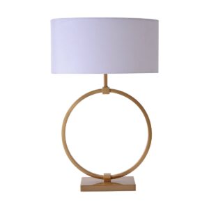 Ringlamp Gold L De Ringlamp Gold L is een elegante tafellamp, deze bestaat uit een enkele ring en wordt geleverd met een velvet witte kap. De lamp is gemaakt van roestvrij staal waardoor de lamp niet zal roesten.Door zijn simpele maar elegante uitstraling is deze lamp een ware eyecatcher in huis!De afmeting van de lamp inclusief de kap vind je onderin: Lengte 45cm Breedte 25cm Hoogte 70cm Casa & Viventes kleuren: Goud, Wit Materialen: Massief goud, Metaal, Staal, Fluweel merk: Luxury Living B.V.