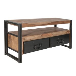 Laag bord Massief acaciahout gecombineerd met industrieel metalen beslag in dit compacte dressoir. Met een breedte van 112 cm is er voldoende ruimte voor tv-toestellen. In het open vak is bovendien ruimte voor accessoires en andere hifi-apparaten. Dankzij de open achterwand is kabelgeleiding geen probleem. De houten body van acaciahout met sterke gebruikssporen wordt omlijst door een modern metalen frame. De industriële look wordt voortgezet door metalen bevestigingen aan de lades en handgrepen en maakt het lowboard tot een originele blikvanger. De structuur van het hout varieert van model tot model, waardoor elke plank uniek is met zijn eigen charme. Of het nu gaat om een ​​blikvanger in een eenvoudige sfeer of als onderdeel van een moderne inrichting in fabrieksdesign: het dressoir is een chique aanvulling op vele woonstijlen. De moderne materiaalmix combineert een industriële look. Binnenlade: 42x30,5x15 cm, open vak: 102x40x17/13 cm CASA & VIVENTES Laag bord Breedte: 112cm Hoogte: 55cm Lengte: 40cm Gewicht: 38000.00g kleuren: Bruin, Zwart Materialen: Hout, Metaal, Hout, Metaal merk: SIT Möbel Im- und Export