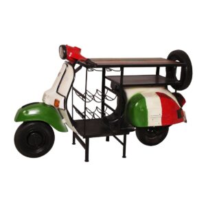 Bartafel "Italië" gemaakt van een gerecyclede scooter Van echte oude Vespa's maken wij deze ontzettend gave meubelstukken, die je kunt gebruiken als wijntafel of wandconsole om elke ruimte net dat beetje extra te geven. Het tafelblad is gemaakt van gerecycled hout. Eronder zitten houders voor glazen en flessen. Hier met de hand beschilderd in Italo-look. Plaatdikte 20 mm Casa & Viventes Breedte: 170cm Hoogte: 105cm Lengte: 66cm Gewicht: 82000.00g kleuren: Meerkleurig Materialen: Metaal, Hout, Hout, Metaal merk: SIT Möbel Im- und Export