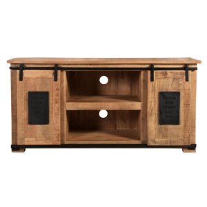 Laag bord De combinatie van naturelkleurig mangohout en zwaar metalen beslag in antiekzwart zorgen voor een mooi contrast en geven het dressoir een rustieke charme. Door de natuurlijke uitstraling van mangohout past het bij veel verschillende woonstijlen. Het lowboard biedt ruimte voor je hifi-apparaten en heeft twee open vakken; kabelgeleiding is geen probleem dankzij gaten in de achterwand. Twee verdere compartimenten, die worden afgesloten door schuifdeuren, bieden extra opbergruimte, hoewel de schuifdeuren indien nodig ook de middelste compartimenten kunnen afsluiten, waardoor het uiterlijk van het tv-meubel volledig verandert. Schoonheid en bruikbaarheid zijn hier geen tegenstrijdigheid. Afmetingen vak 45x37x22 cm, achter de deuren 35/28x34x48 cm, geen planken. CASA & VIVENTES Laag bord Breedte: 130cm Hoogte: 63cm Lengte: 40cm Gewicht: 42000.00g kleuren: Bruin, Zwart, Zwart Materialen: Hout, Hout, Metaal merk: SIT Möbel Im- und Export
