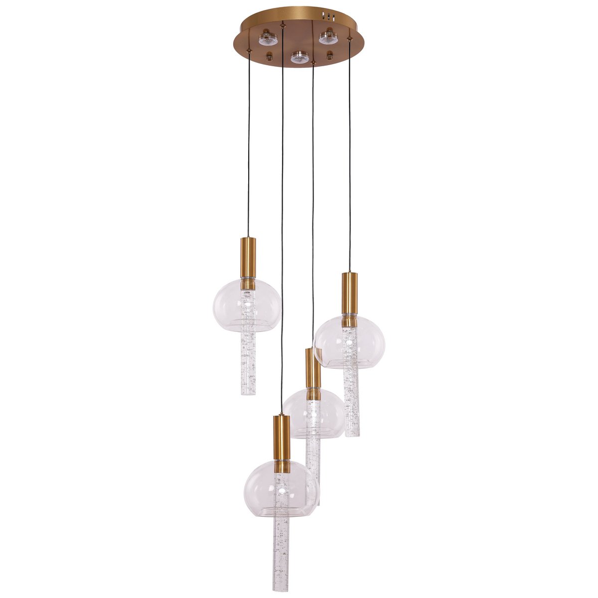 Hanglamp Tubey Copper Gold 4 - 30cm De Hanglamp Tubey Copper Gold | 4 is een stijlvolle en compacte hanglamp met vier lichtpunten, uitgevoerd in warm kopergoud. De combinatie van glazen bollen en cilindervormige LED-elementen zorgt voor een elegant en speels lichtbeeld. Met een diameter van 30 cm is deze lamp ideaal voor kleinere ruimtes of als statement boven een ronde tafel. De ingebouwde LED-verlichting straalt neutraal wit licht (4000K) uit en is uitsluitend dimbaar met de meegeleverde afstandsbediening. Let op: werkt niet met een muurdimmer. Kenmerken: Kleur: Copper Gold Diameter: Ø30 cm Aantal lichtpunten: 4 Lichtkleur: 4000K (neutraal wit) Lichtbron: Geïntegreerde LED (inbegrepen) Dimbaar: Ja, via afstandsbediening Niet compatibel met muurdimmer Voordelen: Compact en stijlvol design Warm gouden afwerking voor luxe sfeer Ideaal voor kleinere ruimtes of eettafels Eenvoudige bediening via afstandsbediening Casa & Viventes Gewicht: 5300g merk: Luxury Living B.V.