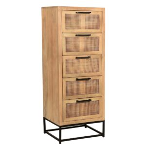 Dressoir, ladekast Deze ladekast van naturelkleurig mangohout met lades met een luchtig rotan front en een zwart metalen sledeframe is een echte eyecatcher. De kast is veelzijdig te gebruiken dankzij de mogelijkheid om hem te combineren met bestaand meubilair, waardoor hij perfect past bij de trendy industriële look, maar ook prima te combineren is met landelijke meubelen of Scandinavisch design. De ladekast biedt voldoende ruimte in 5 lades en zorgt door zijn moderne materiaalmix voor een huiselijke sfeer. Laden met rotan inzetstukken. CASA & VIVENTES Dressoir, ladekast Breedte: 45cm Hoogte: 115cm Lengte: 35cm Gewicht: 33000.00g kleuren: Bruin, Zwart, Zwart Materialen: Hout, Metaal, Rotan, Hout merk: SIT Möbel Im- und Export
