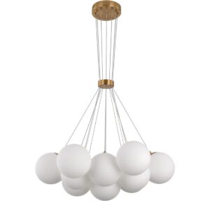Hanglamp Jenna White Gold 13-Licht De Jenna White Gold is een moderne ontwerp kroonluchter die een statement maakt en alle aandacht trekt. Deze kroonluchter is gemaakt van robuuste messing die een satijnen afwerking heeft. De witte glazen kelken geven een warm en mooi verlichting aan elk kamer. Als je opzoek bent naar een chique elegante toevoeging aan je kamer dan is dit zeker iets voor jou! De Jenna White Gold is de perfecte middelpunt in elke kamer. Lamp is voorzien van een G9 fitting. Afmeting: Diepte 65 cm Hoogte *verstelbaar 90 cm CASA & VIVENTES Hanglamp Jenna White Gold 13-Licht kleuren: Goud, Wit Materialen: Glas, Massief goud, Metaal, Satin merk: Luxury Living B.V.