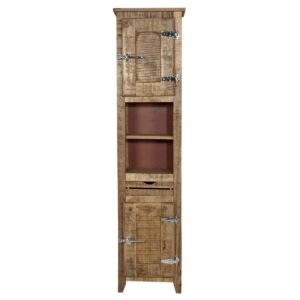 Hoge kast badkamer Badkamermeubels weg van klassiek wit en saai design. Met deze hoge kast van massief mangohout haal je een designobject met net dat beetje extra in je badkamer. Mangohout overtuigt door zijn individualiteit en bijzondere structuur, waardoor elk meubelstuk onmiskenbaar uniek is. De natuurlijke nerf en structuur is zichtbaar en geeft het badkamermeubel een chique touch. De karakteristieke gouden tint van het hout geeft de kamer warmte en harmonieert perfect met de meeste kleuren. Een bijzonder hoogtepunt van de badkamerkast zijn de zilverkleurige koelkastgrepen, die dienen als deurhendels. Twee deuren en twee open vakken bieden voldoende opbergruimte voor handdoeken, schoonmaakspullen etc. Deze hoge kast is de juiste keuze voor iedereen die ruimtebesparende opbergruimte in de badkamer nodig heeft. Een goede keuze voor een sfeervolle sfeer in de badkamer: de decoratieve hoge kast met originele koelkastgrepen. Deurstop selecteerbaar Breedte: 46cm Hoogte: 187cm Lengte: 30cm Gewicht: 57000.00g kleuren: Bruin, Zilver, Wit Materialen: Hout, Massief zilver, Hout merk: SIT Möbel Im- und Export
