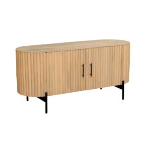 TV-lowboard meubel/mediakast Robuust mangohout en een spannend latten design kenmerken de tijdloze meubels. De combinatie van jaren 60 retro design en moderne Scandinavische flair maken de meubelen een stijlvolle toevoeging aan vele woonstijlen. Terwijl het massieve mangohout bijzonder duurzaam en resistent is, geven de zwarte metalen poten en handgrepen het dressoir een modern tintje. Met het lowboard creëert u op stijlvolle wijze opbergruimte in het woon- of slaapgedeelte en creëert u ook een visueel hoogtepunt. De in het hout verwerkte strepen, waaraan de serie zijn naam ontleent, maken het eenvoudige ontwerp spannend. De montage is zo gedaan: het dressoir wordt voorgemonteerd geleverd, je hoeft alleen nog maar de poten te bevestigen. 1 doorlopende massieve plank achter de deuren, poten verwijderd, hoogte van de poten: 15 cm, poten zwart metaal gepoedercoat, romp helder gelakt, binnenafmetingen van de vakken: 2x ca. 112x36x17 cm, afmetingen van de deuren: 2x ca. 80x40 cm, afstand tussen de voeten voorzijde: ca. 86,5 cm, zijkant: ca. 44 cm, lichaamslengte: 40 cm. Casa & Viventes Breedte: 120cm Hoogte: 54cm Lengte: 40cm Gewicht: 30000.00g kleuren: Bruin, Zwart, Zwart Materialen: Hout, Metaal, Hout, Metaal merk: SIT Möbel Im- und Export