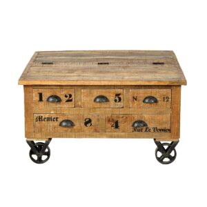Salontafel borst Praktische salontafelkist in rustiek design. De warme kleur van het gelakte mangohout vormt een modern contrast met het antieke zwarte metalen beslag en de print in containerbox-stijl. De subtiel vervaardigde handgrepen en de grote wielen geven de salontafel zijn karakteristieke industriële uitstraling. De wielen zijn niet alleen een visueel hoogtepunt, ze zorgen er ook voor dat de tafel flexibel in de kamer kan worden aangepast. Zo is het uitklappen van een bank met slaapfunctie geen probleem omdat de tafel eenvoudig opzij geschoven kan worden. Slim doordacht, er zit veel verborgen opbergruimte verborgen in de vijf lades en de twee grote kleppen van de ladekast. De salontafel wordt een praktische aanvulling op een dressoir, kast etc. in de woonkamer. Tijdschriften, afstandsbedieningen, kabels enz. kunnen in het dagelijks leven in de tafel worden opgeborgen, waardoor een opgeruimd woonbeeld ontstaat. Vakafmetingen 81,5x40x28,5 cm, lade binnenafmetingen 33x36x8 cm en 20x36x8 cm, rolhoogte 15 cm CASA & VIVENTES Salontafel borst Breedte: 90cm Hoogte: 47cm Lengte: 90cm Gewicht: 46000.00g kleuren: Bruin, Zwart, Zwart Materialen: Hout, Hout, Metaal, Schelp merk: SIT Möbel Im- und Export