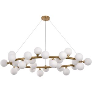 Hanglamp Elite White Gold 100CM De Elite White Gold is een moderne ontwerp kroonluchter die een statement maakt en alle aandacht trekt. Deze kroonluchter is gemaakt van robuuste messing die een satijnen afwerking heeft. De witte glazen kelken geven een warm en mooi verlichting aan elk kamer. Als je opzoek bent naar een chique elegante toevoeging aan je kamer dan is dit zeker iets voor jou! De Elite White Gold is de perfecte middelpunt in elke kamer. Lamp is voorzien van een G9 fitting. Afmeting: Lengte: 120 cm Breedte: 70 cm Hoogte: 100 cm Casa & Viventes kleuren: Goud, Wit Materialen: Glas, Massief goud, Satin, Messing merk: Luxury Living B.V