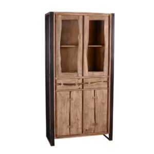 Showcase Vitrine kast Deze vitrine is gemaakt van natuurlijk acaciahout en heeft een metalen frame. Twee lades en twee deuren met zwaluwstaartverbinding bieden voldoende afgesloten opbergruimte voor diverse spullen. Gerechten, decoraties of vakantiesouvenirs vinden hun plaats achter de twee glazen deuren. De vitrinekast is te combineren met moderne meubels in elke woonkamer, maar kan ook gemakkelijk als enkel stuk in andere woonkamers geplaatst worden en zal door zijn charme grote indruk maken. Dit meubelstuk is huiselijk en modern tegelijk. Het hout wordt gebruikt terwijl het groeit. Hierdoor ontstaan natuurlijke en unieke stukken. Warm hout en metaal in industriële stijl – gewoon anders. Gekleurd en gelakt. Casa & Viventes Breedte: 90cm Hoogte: 180cm Lengte: 40cm Gewicht: 65000.00g kleuren: Bruin, Zwart Materialen: Hout, Metaal, Glas, Hout merk: SIT Möbel Im- und Export