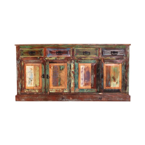 Dressoir te combineren met wandkast opzetstuk Dit grote dressoir van kleurrijk oud hout in shabby chic is een echte blikvanger. Dankzij de mogelijkheid om het te combineren met bestaand meubilair kan het op verschillende manieren worden gebruikt. Het dressoir biedt voldoende ruimte in 4 lades en achter 4 ondoorzichtige deuren met elk een vaste plank voor de privéspullen van het leven. De afdekplaat is ook geschikt voor grotere vazen ​​of schalen. In de gang als extra kledingkast biedt deze veel opbergruimte. Het hout van gerecyclede vissersboten geeft de ladekast een extra uitstraling. De ladekast kan gecombineerd worden met moderne meubels in een woon of eetkamer of kan zijn charme uitdrukken in een hal als halkast. Verre van onze vaak saaie perfectie, is dit meubelstuk werkelijk uniek. Gemaakt van FSC-gecertificeerd hout. 1 vaste plank achter de deuren, afmeting vak boven 76x34x26 cm, onder 76x34x22 cm, binnenmaat lade 30,5x29x10,5 cm Casa & Viventes Breedte: 160cm Hoogte: 80cm Lengte: 40cm Gewicht: 66000.00g kleuren: Meerkleurig Materialen: Hout, Hout merk: SIT Möbel Im- und Export