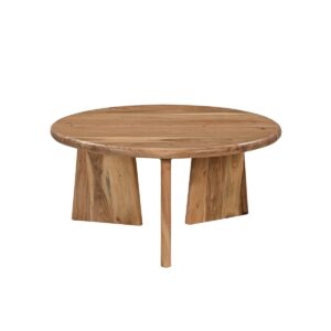 Couchtisch Salon tafel Ø 90 cm De salontafel gemaakt van massief, natuurlijk gekleurd Acacia  hout combineert natuurlijke schoonheid met een moderne ontwerp benadering. De ronde vorm van het tafelblad met zijn afgeronde randen creëert een zachte, organische look die harmonieus in elke leefruimte combineert en tegelijkertijd een uitnodigend en comfortabel effect heeft. Het hoogwaardige Acacia hout wordt gekenmerkt door zijn warme kleur en levendige korrel, die de tafel een uniek charisma geeft. Elk tafelblad is uniek, wat de natuurlijke structuur van het hout in zijn eigen brengt en de kamer een gezellige, natuurlijke sfeer geeft. De afgeronde randen versterken deze indruk en zorgen voor een zacht, stromend ontwerp dat bijzonder prettig is om te gebruiken en om scherpe overgangen te voorkomen. Een speciaal hoogtepunt van de tafel is het asymmetrische kader dat de klassieke ronde salontafel een moderne en creatieve noot geeft. In plaats van een symmetrische substructuur verrast deze tabel met een ongebruikelijk, dynamisch ontwerp dat lichtheid en stabiliteit combineert. Dit innovatieve frame zorgt niet alleen voor een veilige basis, maar stelt ook een stilistisch accent dat de tafel een echte oogstadder maakt. Plaatdikte: 4 cm, afstand buitenrand houten riool tot tafelblad. Casa & Viventes Breedte: 90cm Hoogte: 44cm Lengte: 90cm Diameter: 90cm Inhoud: 0.15L Gewicht: 38410.00g kleuren: Bruin Materialen: Hout merk: SIT Möbel Im- und Export