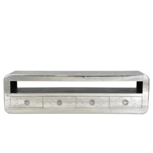 Laag bord TV- mediakast Het ruime lowboard in modern industrieel design biedt veel ruimte voor tv's tot 70". In het open vak is ruimte voor extra hifi-apparaten; Afstandsbedieningen, losse kabels en andere kleine spullen berg je gemakkelijk op in één van de vier lades. Het oppervlak van de plank, dat volledig bedekt is met aluminium, geeft het meubel een stoere spiegellook, waardoor de ruimte groter en lichter lijkt. De metaallook met decoratieve schroeven doet denken aan futuristische vliegtuigconstructies of ultramoderne fabrieksgebouwen. Het lowboard belichaamt de trendy industriële stijl door en door. Rond metalen beslag, geïnspireerd op zware kluisdeuren, vormt de ladegrepen. Scharnieren en ladegeleiders van metaal zijn ideaal om de stress van het dagelijks leven te weerstaan. Het lowboard past als origineel contrast bij een eenvoudige inrichting of harmonieert met andere meubelen in vliegtuiglook uit de serie. Afmetingen vak 190x40x17 cm, binnenmaat lade 39x32x12,5 cm Casa & Viventes Breedte: 200cm Hoogte: 56cm Lengte: 40cm Gewicht: 65000.00g kleuren: Zilver Materialen: Hout, Mdf, Aluminium, Hout merk: SIT Möbel Im- und Export