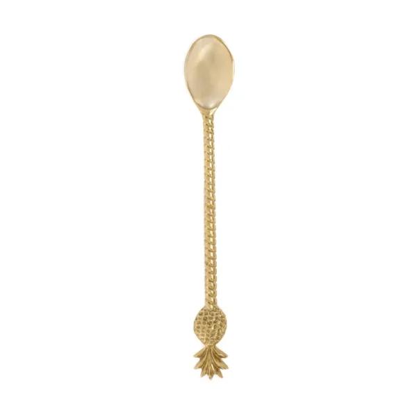 De Ananas Lange Lepel Goud Onze eerste bestekcollectie is er en hij is mooi en glanzend! Deze vorken en lepels zijn pure luxe, gemaakt van massief messing met prachtige details. Je gasten zullen onder de indruk zijn van het gewicht en de kwaliteit van deze echte messing musthaves. Alle stukken zijn versierd met een ananas of een palmboom  tropischer dan dit kan niet. Verkrijgbaar in verschillende maten en uitvoeringen. Casa & Viventes Breedte: 3cm Hoogte: 1cm Lengte: 20cm Gewicht: 100g kleuren: Goud Materialen: Messing, Messing merk: Bazar Bizar Living