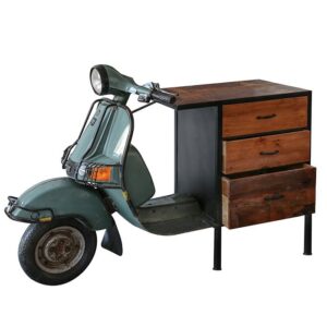 Dressoir "Roller" metaal / mangohout L. 140cm Ladekast "Roller", metaal / mangohout. Metaalkleur individueel hout. natuurlijke kleur met zichtbare gebruikssporen Voorste deel van de scooter 3 lades E27 fitting. max. 25 watt (inclusief lampen) Casa & Viventes Materialen: Hout, Metaal merk: GILDE HANDWERK