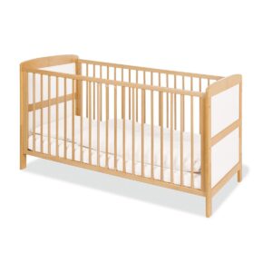 Ledikant 'Florian' • Deels massief hout: beuken, blank gelakt en decor, effen wit • Houtpatroon deels zichtbaar • L 145 cm, B 76 cm, H 83 cm • Matrasmaat 140 x 70 cm • 3 verwijderbare staven • Lattenbodem met 3 mogelijke hoogtes • Om te bouwen tot junior bed, inclusief 4 uitneembare blokken • Optioneel 4 wielen: Art. nr. 56 00 11 Casa & Viventes Breedte: 76cm Hoogte: 83cm Lengte: 145cm Gewicht: 21g Materialen: Hout, Hout merk: Pinolino Kinderträume