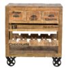 Wijn dressoir De combinatie van gerecycled mangohout en antiek zwart metalen beslag geven de wijnladekast zijn rustieke charme. Het gebruikte hout is afkomstig van oude schuren, huizen en rijstbakken en is bijzonder sterk en veerkrachtig. Het natuurlijke weer zorgt voor een bijzonder warme kleur die elke kamer in een mum van tijd gezellig maakt. De ladekast biedt ruimte voor 4 flessen en extra open en gesloten opbergruimte in 3 lades en een open vak. Een uitneembaar dienblad maakt de ladekast tot de ideale oplossing voor gezellige avonden. Hierdoor kunnen flessen en glazen gemakkelijk worden vervoerd. De industriële look wordt afgerond door zwarte prints die doen denken aan transport- en opbergdozen. Door de wielen staat de ladekast iets verhoogd, wat een luchtige, lichte uitstraling creëert. Afstand vloer tot onderkant ca. 16 cm CASA & VIVENTES Wijn dressoir Breedte: 78cm Hoogte: 87cm Lengte: 48cm Gewicht: 45000.00g kleuren: Bruin, Zwart, Zwart Materialen: Hout, Hout, Metaal merk: SIT Möbel Im- und Export