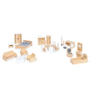 Poppenhuismeubels, 20 delen • Volledig massief hout: grenen, onbehandeld en wit gelakt • Stof 100 % polyester • Schaal ca. 1:12 (geschikt voor poppen tot 13 cm) • 20 stuks: keuken-, woon-, eet-, bed- en badkamermeubel • Geschikt voor alle Pinolino poppenhuizen • Aanbevolen voor kinderen vanaf 3 jaar Gewicht: 1g kleuren: Wit Materialen: Hout, Hout, Polyester merk: Pinolino Kinderträume