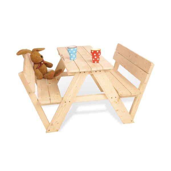 Kinderpicknickbank 'Nicki für 4 mit Lehne', naturel • Vol massief hout: naaldhout, onbehandeld • 2 banken met 1 tafel • Met rugleuning • L 90 cm, B 105 cm, H 51 cm • Zithoogte 28 cm • Zitkussens voor 'Nicki für 4' optioneel: Art.nr. 20 60 40 • Aanbevolen voor kinderen vanaf 2 jaar Casa & Viventes Breedte: 105cm Hoogte: 51cm Lengte: 90cm Gewicht: 13g Materialen: Hout, Hout merk: Pinolino Kinderträume